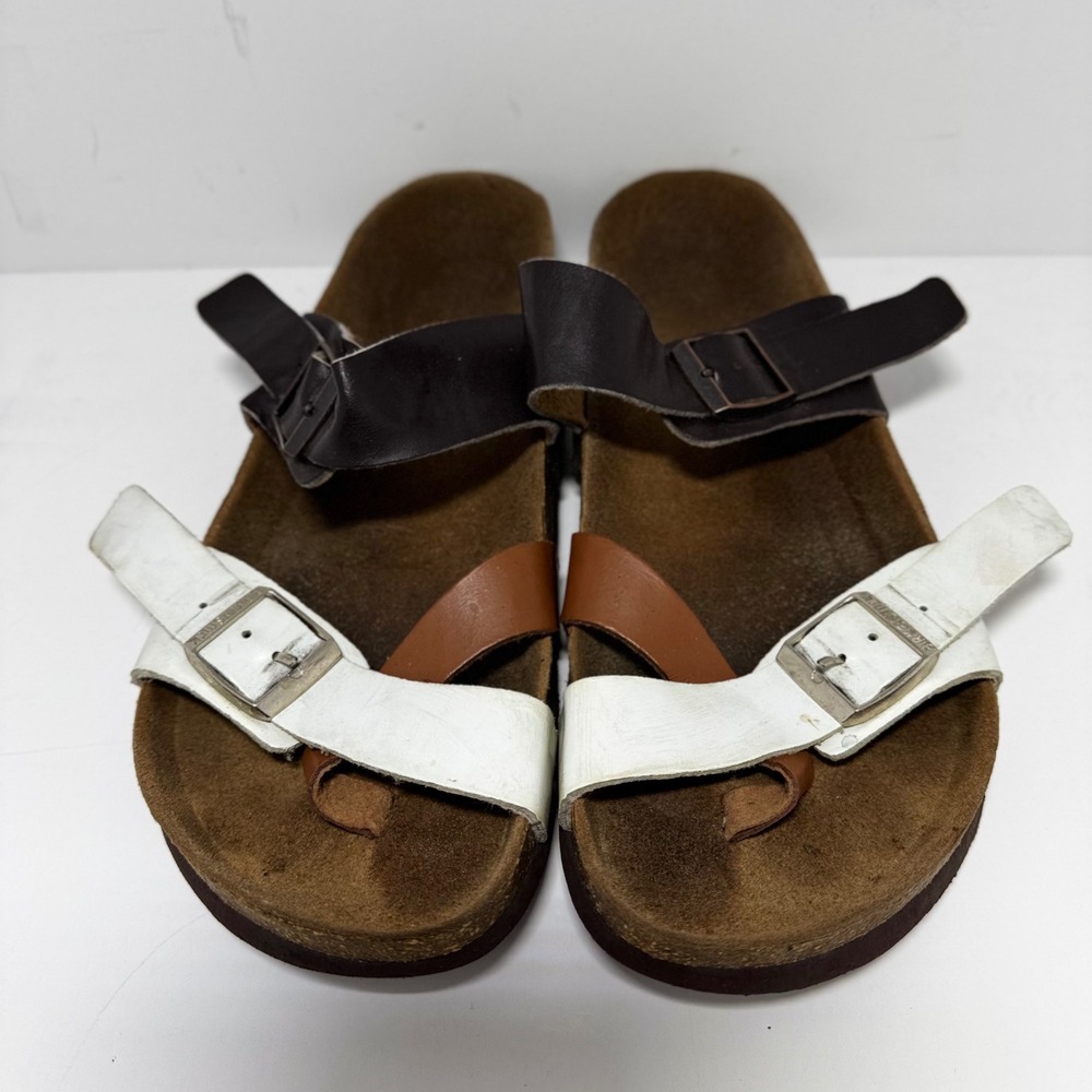 Birkenstock Mayari Tri-Color Leather Sandals White Brown Espresso Toe Loop 38